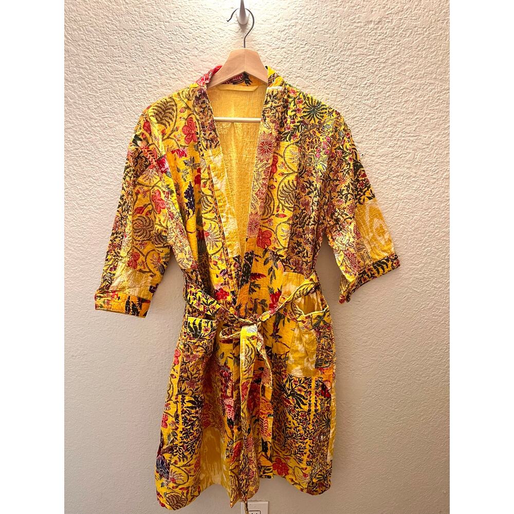 NEW Boho Patchwork Kantha 100% Cotton Robe Yellow Floral Quilted Kimono Belted - Picture 3 of 8